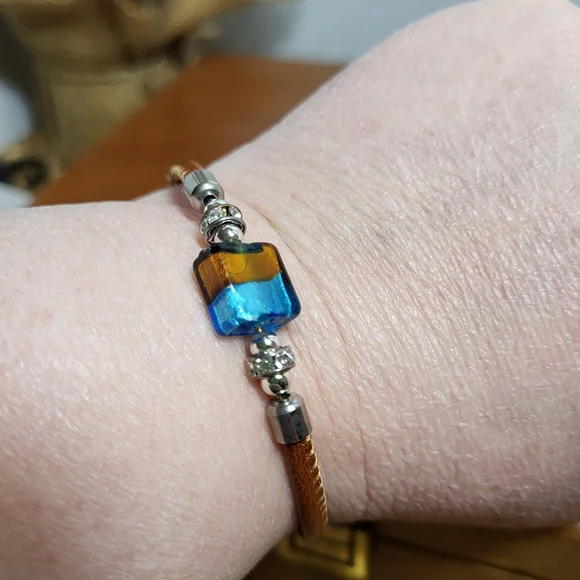 Amber and Blue Dichroic Glass Faux Leather and Rhinestone Tension Bracelet - Picture 5 of 12